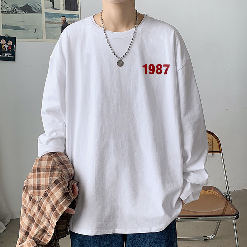 男士纯棉长袖t恤春秋季薄款内搭打底衫ins潮流宽松韩版白色上衣服