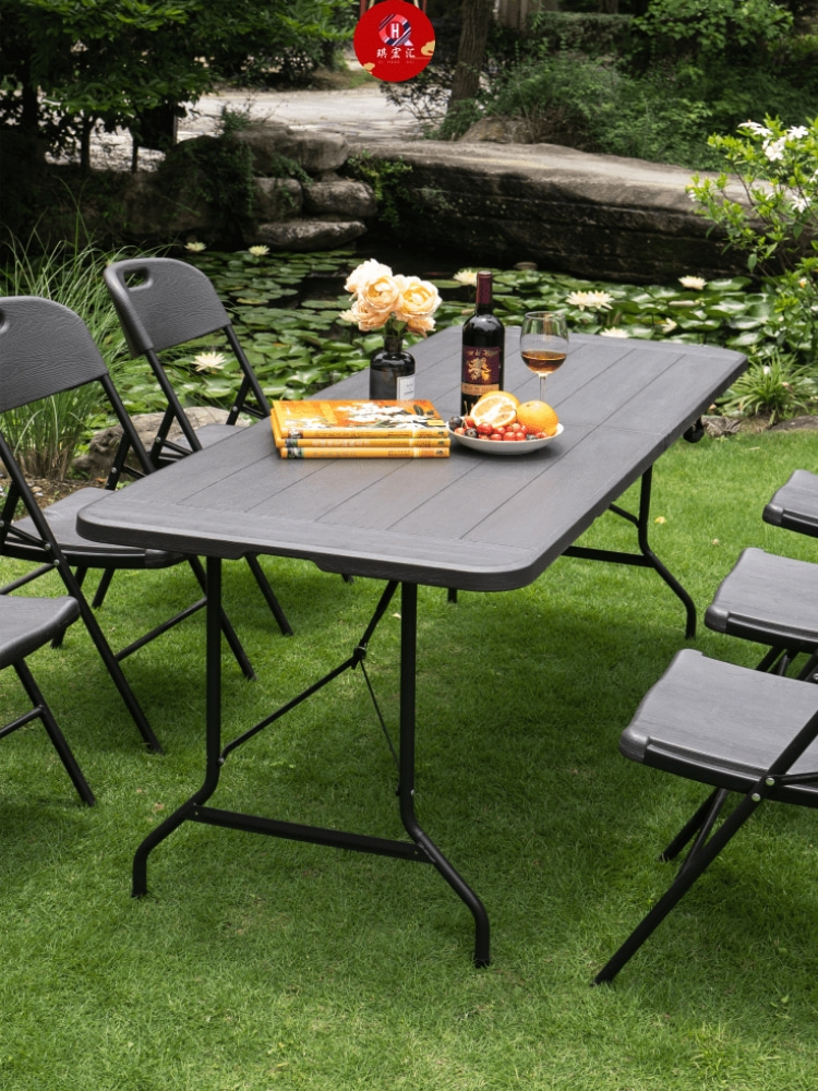 木纹灰色户外便携式家用长条室外学习吃饭餐桌折叠桌