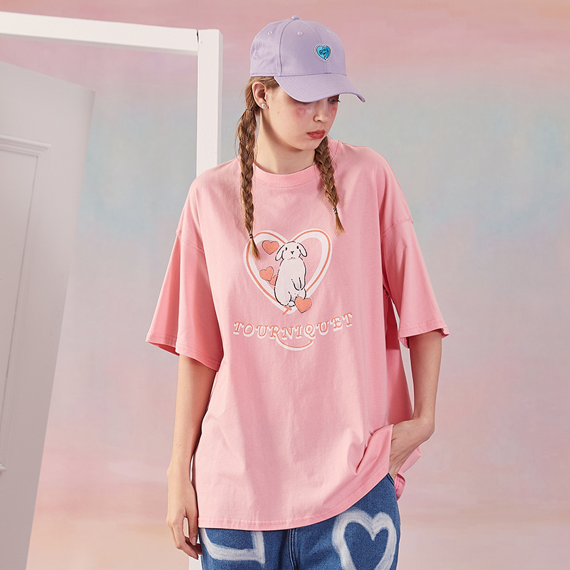 TNQT心碎创可贴 萌宠系列 LOVE小兔子T恤爱心印花短袖男女情侣款