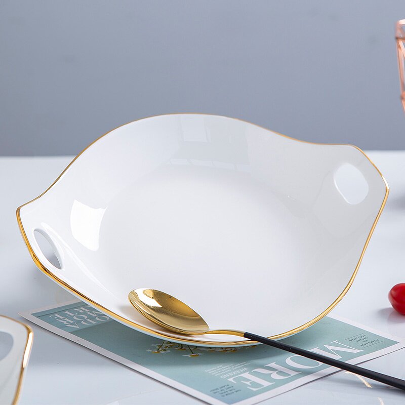 饭盘家用金边创意餐盘北欧菜深防红新款双耳盘
