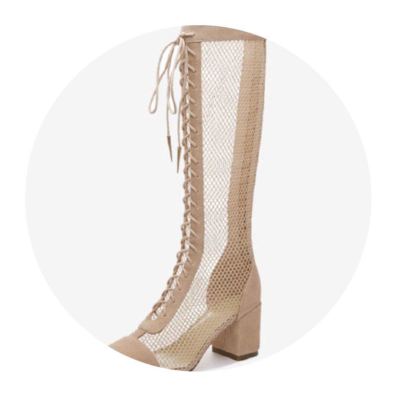 凉鞋黑色罗马性感高跟中高网纱长筒凉靴女高筒时装凉鞋