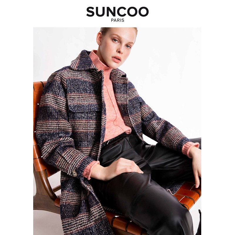 suncoo法式优雅魅力宽松舒适中长羊毛混合秋季新品女士格子大衣