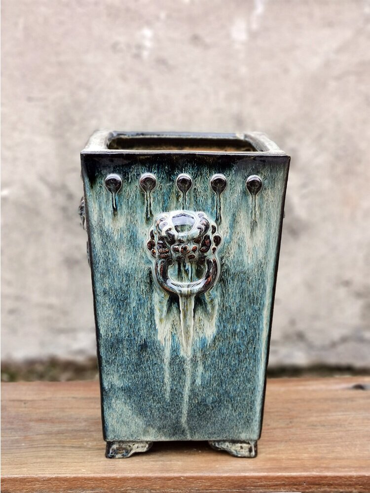 石湾传统高温烧制手工花盆四方鼓钉兽首大悬花盆