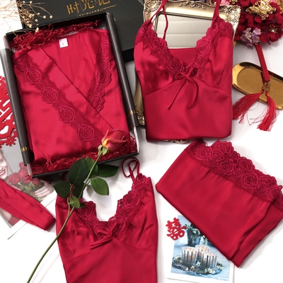 时光记睡衣新品夏季睡裙性感情趣冰丝红色情侣睡衣