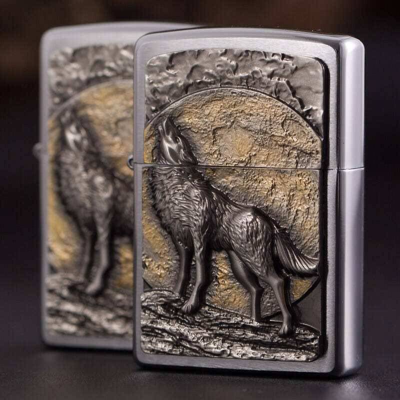 贴章zippo煤油防风打火机午夜拉丝狼嚎圆月之狼zippo