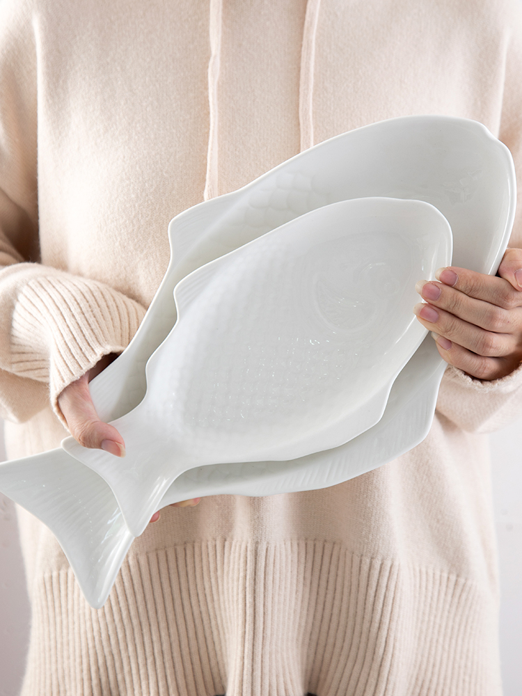 装鱼的盘子蒸鱼盘餐具鱼碟鱼盘子家用鱼盘陶瓷大号日式鱼形盘 - 文史