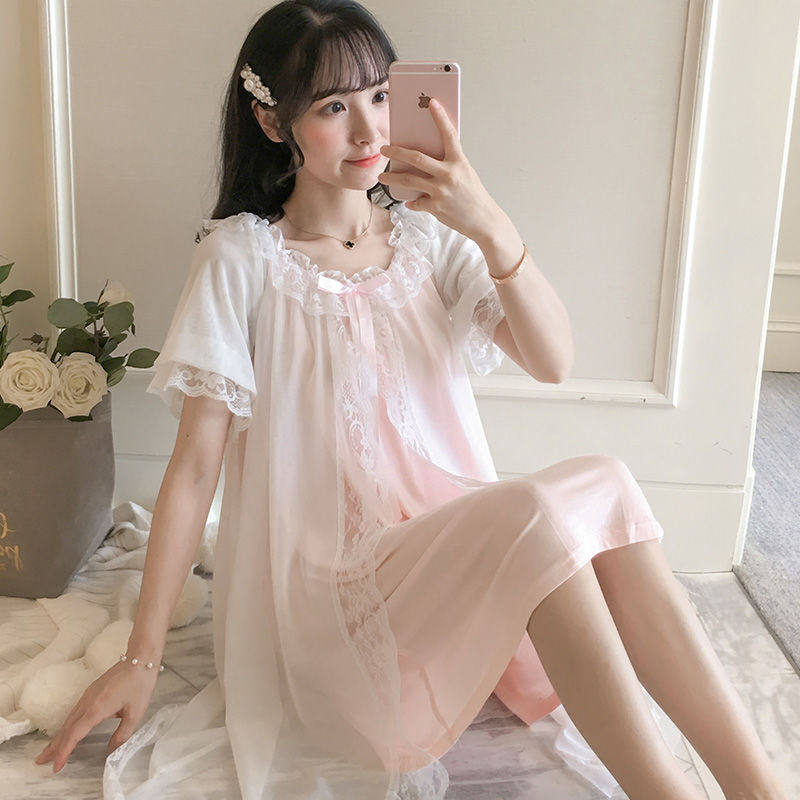 睡裙女夏冰丝短袖性感睡衣女士夏天蕾丝韩版亲子家庭装