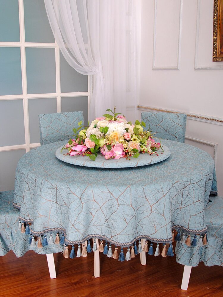 桌布美式轻奢兰色餐桌长条台布长方形流苏家用桌布