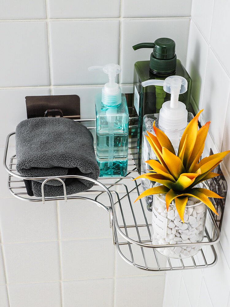 浴室免打孔转角置物架卫生间洗漱架厕所吸壁式三角架厨房壁挂收