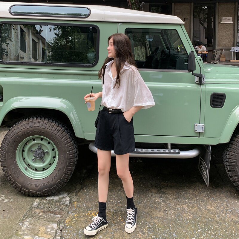 白色工装短裤女夏季宽松a字休闲2021新款潮ins高腰日系阔腿五分裤