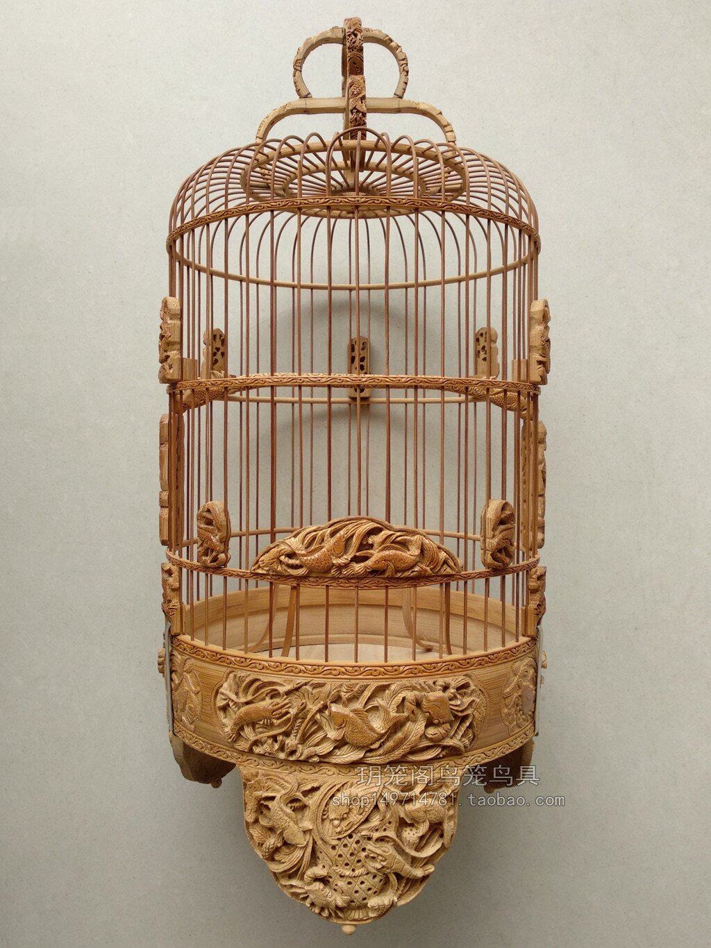 雕刻太子手工竹雕鱼虾绣眼花笼清远广式鸟笼鸟笼