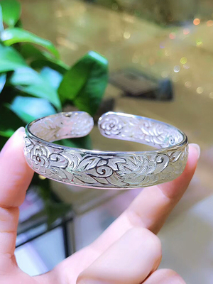 高档足银生日老婆妈妈镯子手环镂空花丝开口手镯