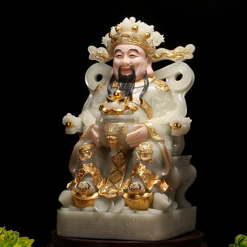 翠玉镶金财神爷摆件招财家用汉白玉石文财神佛像摆件