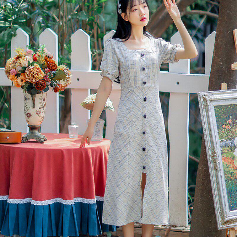 202年夏季法式新款短袖复古方宫廷风小众少女连衣裙 - 查映颖百货店