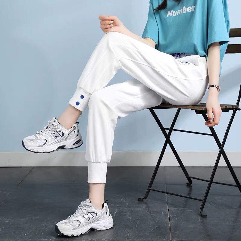 白色运动裤女2021夏季薄款宽松束脚休闲休闲学休闲裤