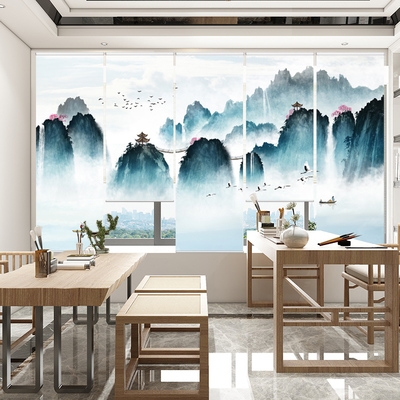 山水画卷帘屏风帘新中式水墨印花客厅电动窗帘卷帘