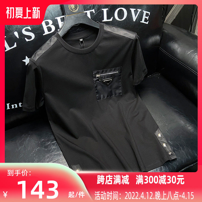 欧洲站夏季薄款圆领冰丝光棉黑色t恤男修身潮流弹力休闲短袖男士