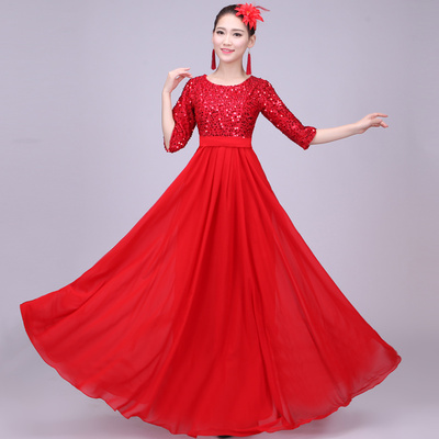 正品合唱服长裙演出服女成人连衣裙现代中老年合唱团大裙摆表演晚