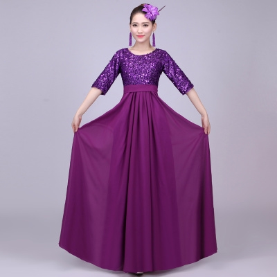 正品合唱服长裙演出服女成人连衣裙现代中老年合唱团大裙摆表演晚
