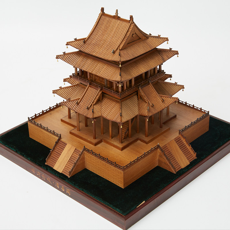 中国古建筑摆件实木办公室高档摆设装饰品工艺品手工文创