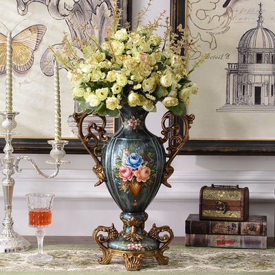 美式手绘花瓶摆设落地仿真花陶瓷套装欧式摆件瓶家居饰品客厅