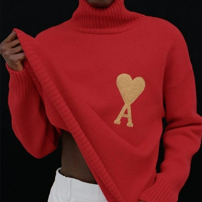 ami高领毛衣爱心桃心开衫法国红色情侣圣诞毛衣