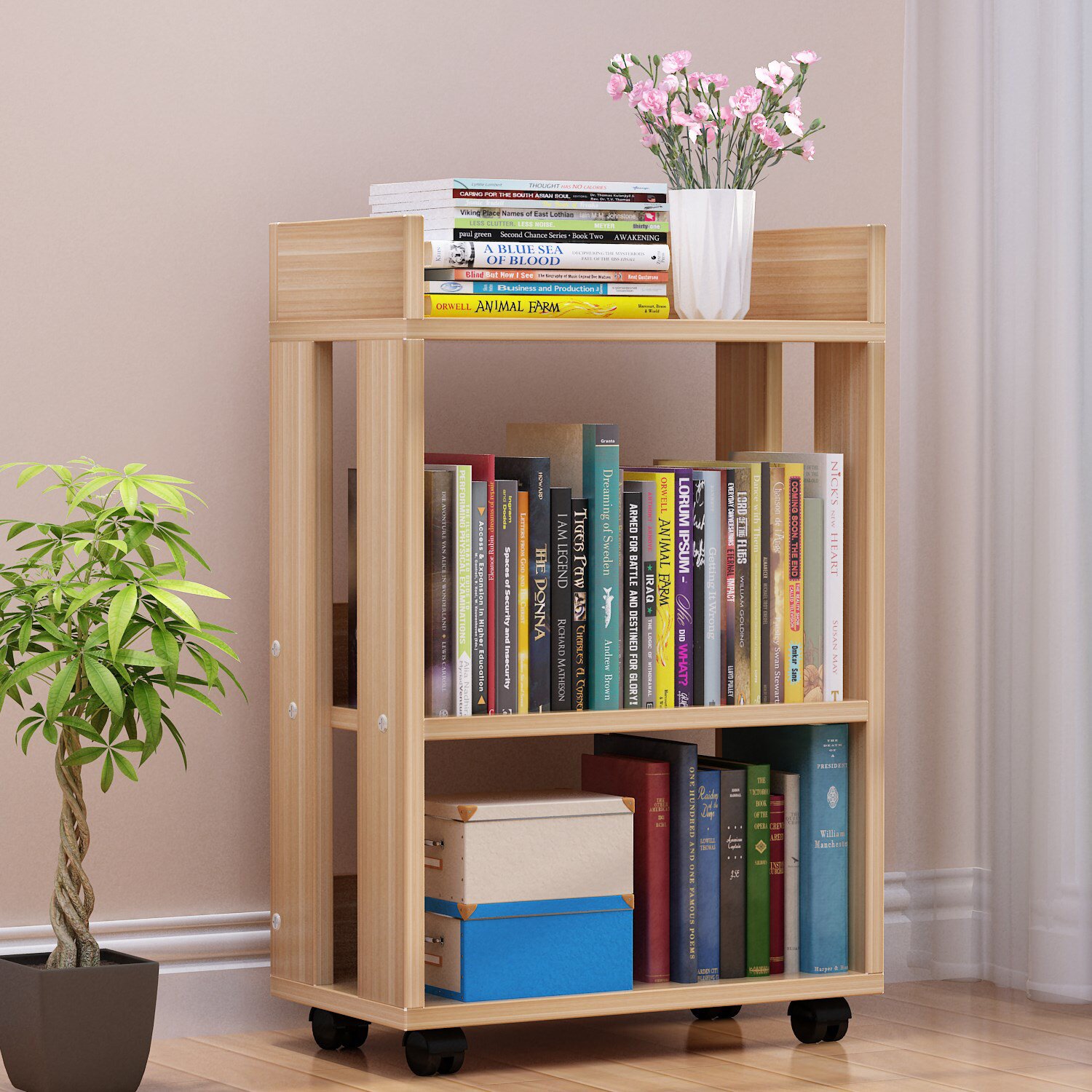 小书架可移动书桌旁带轮床边小型落地白色窗台上放的置物架小推车