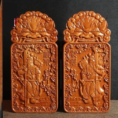 门贴神荼郁垒桃符门神挂件原木摆件家居饰品2021木雕