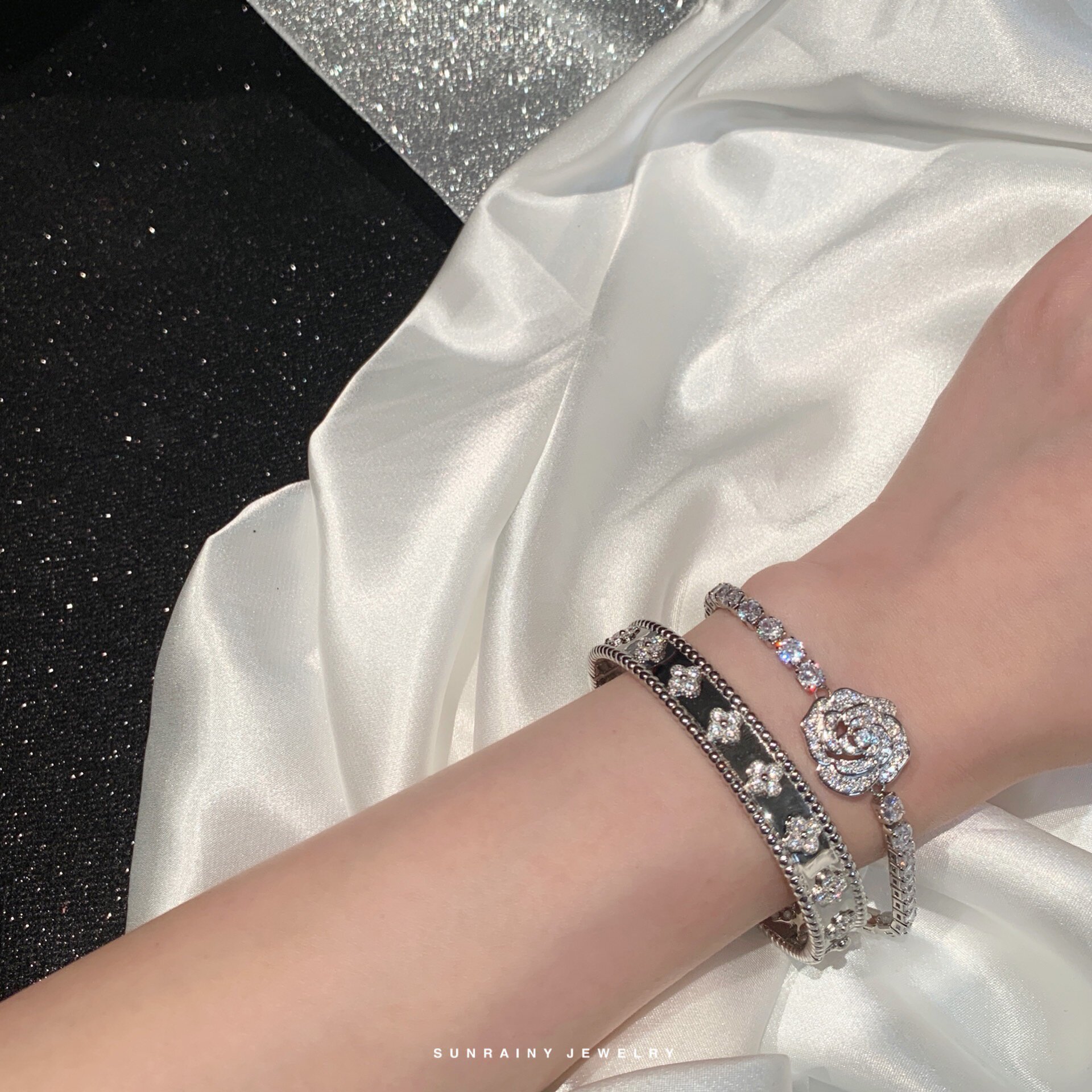 高档sunrainy万花筒手镯重工纯银进口满钻珠边镀18k手镯