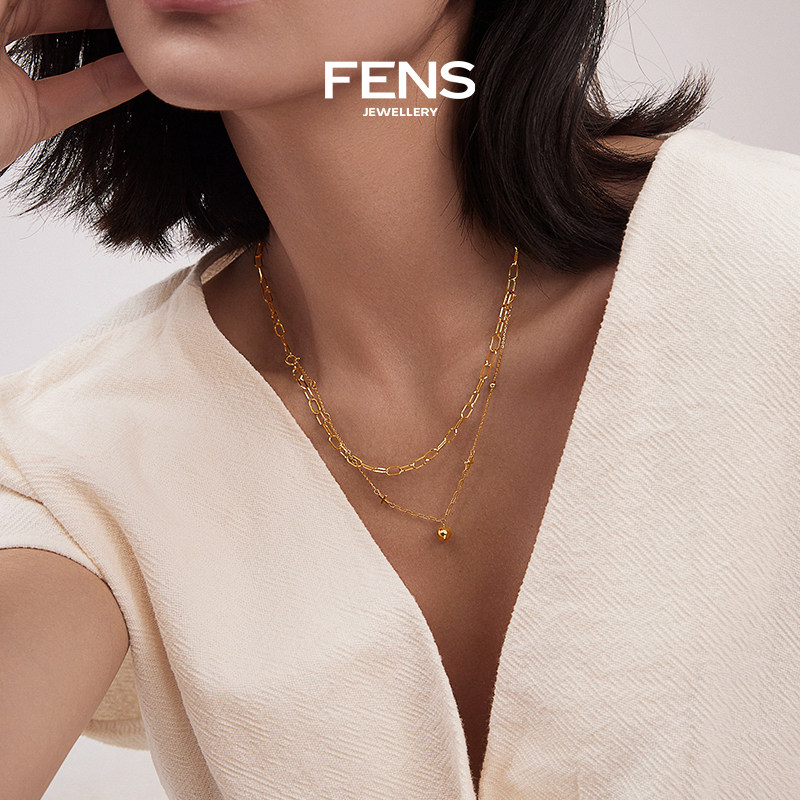 fens珠宝18k金项链项链叠戴ab双生方形金珠颈饰