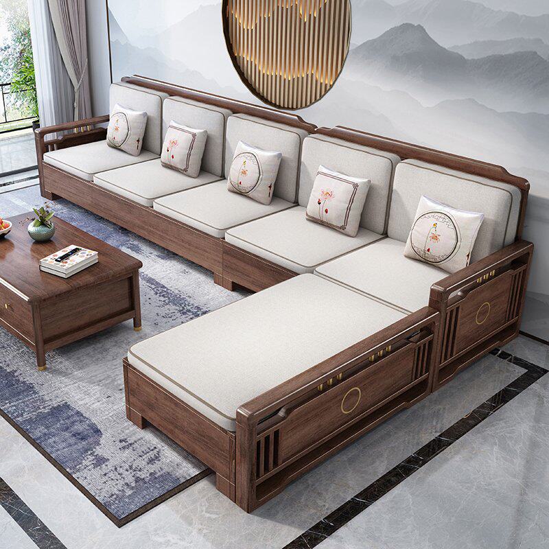 新中式全实木沙发客厅冬夏两用组合转角储物胡桃木轻奢沙发小户型