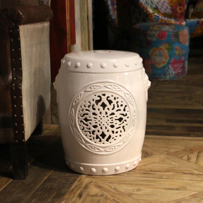 美式乡村新中式中式镂空花纹狮子头陶瓷鼓凳仿古鼓墩