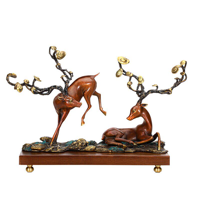 客厅中式铜鹿摆件工艺品桌面家居创意双鹿摆设办公桌装饰品 - 怕幻