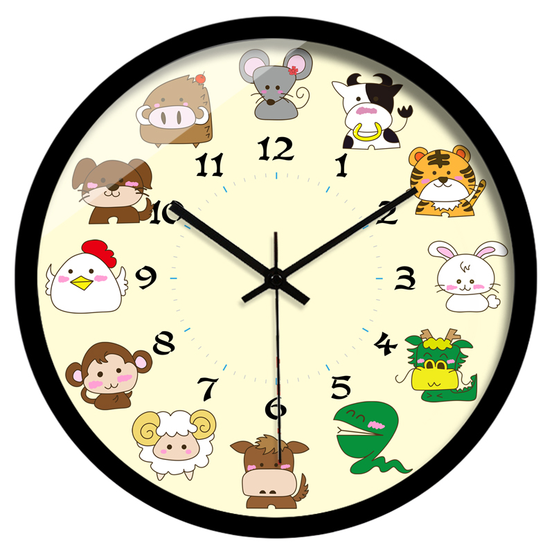 动物数字儿童钟表可爱卡通十二生肖宝宝学校学生挂钟