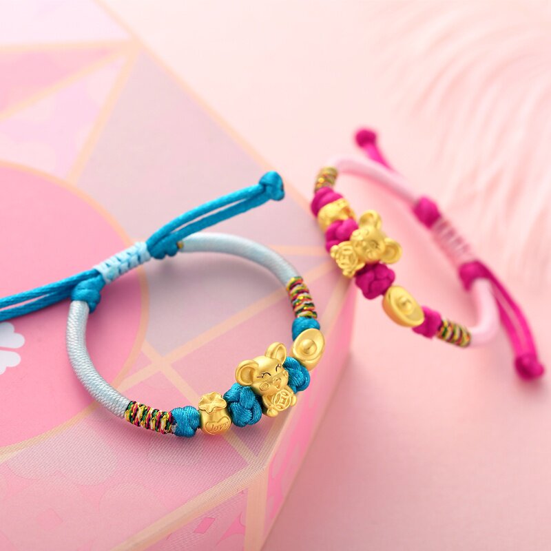 黄金宝宝手链999足金小老鼠转运珠新生儿童手镯满月周岁婴儿金饰