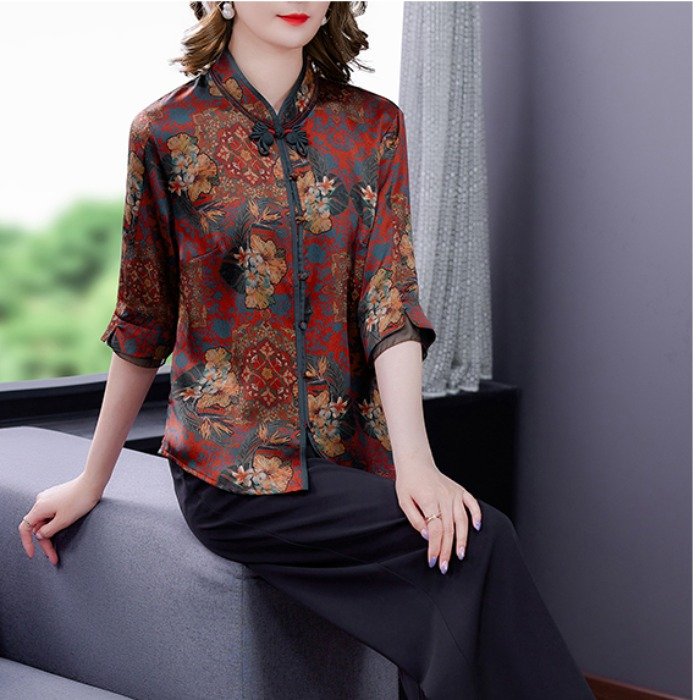 珍珠缎真丝香云纱衬衫女2021中式复古中老年妈妈装桑蚕丝唐装上衣
