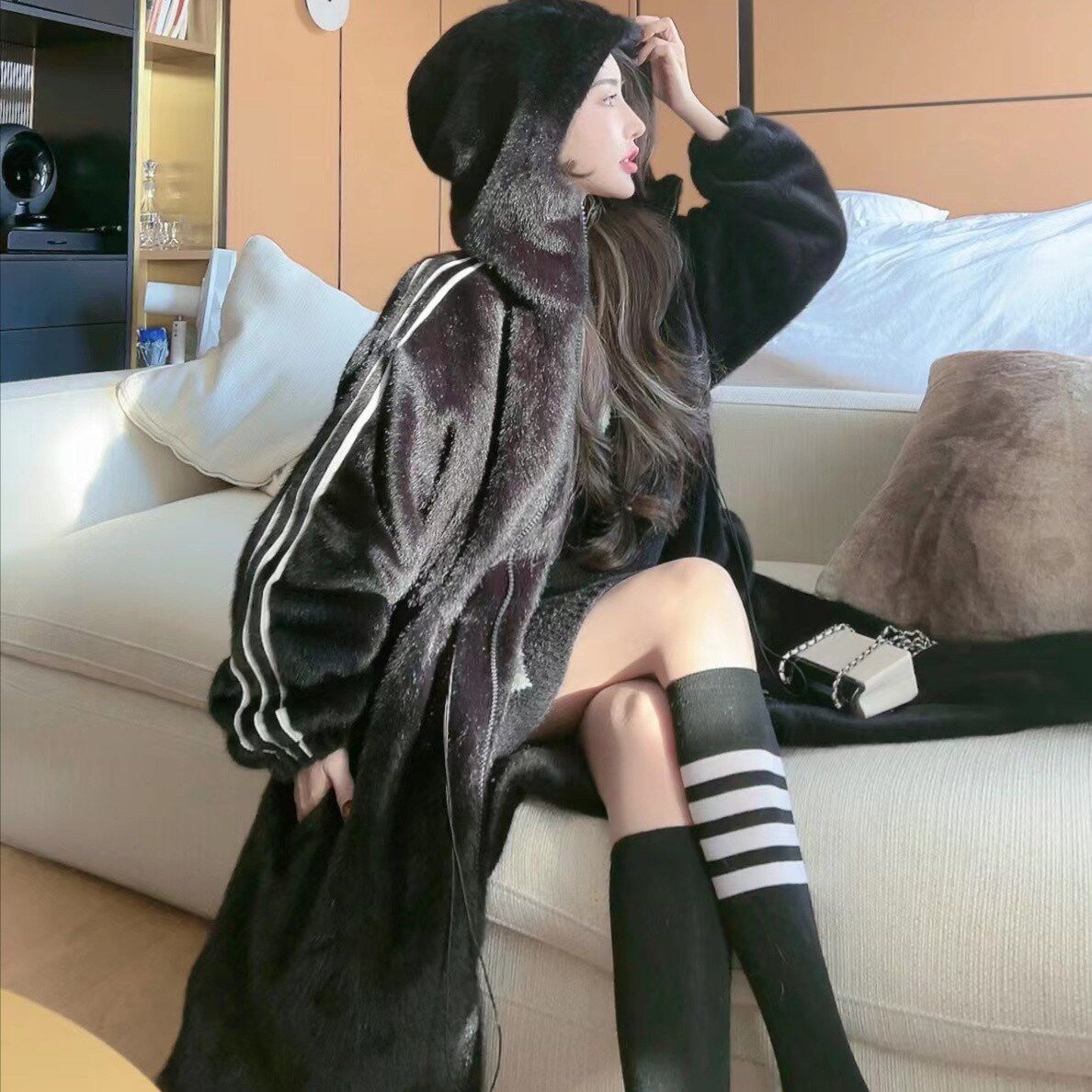 蓝蓝推荐冬日限定条纹毛毛外套w110324黄加蓝lora短外套