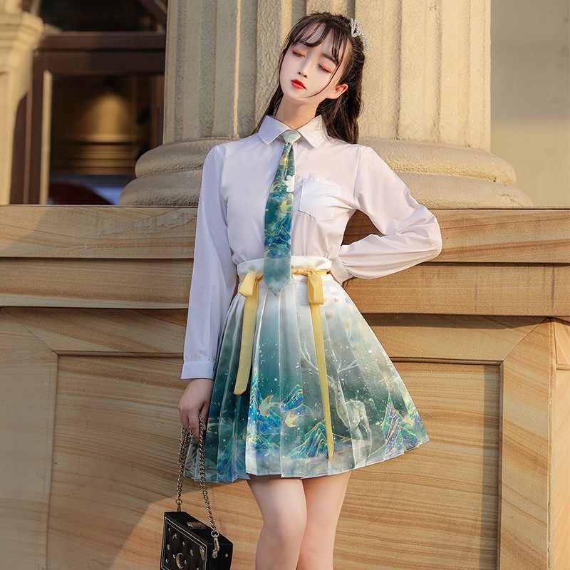 民族风百褶裙衬衫jk汉元素国风汉服女原创入梦引鹿汉服