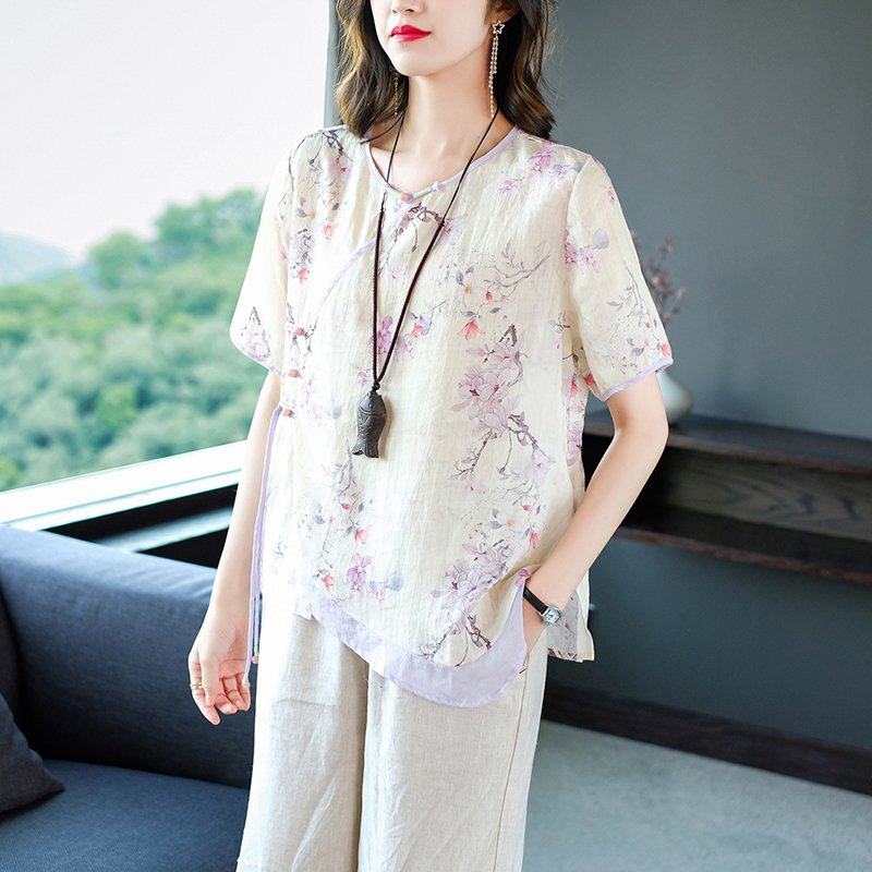 阔太太夏装套装女中年妈妈高贵夫人苎麻上衣气质棉麻阔腿裤两件套