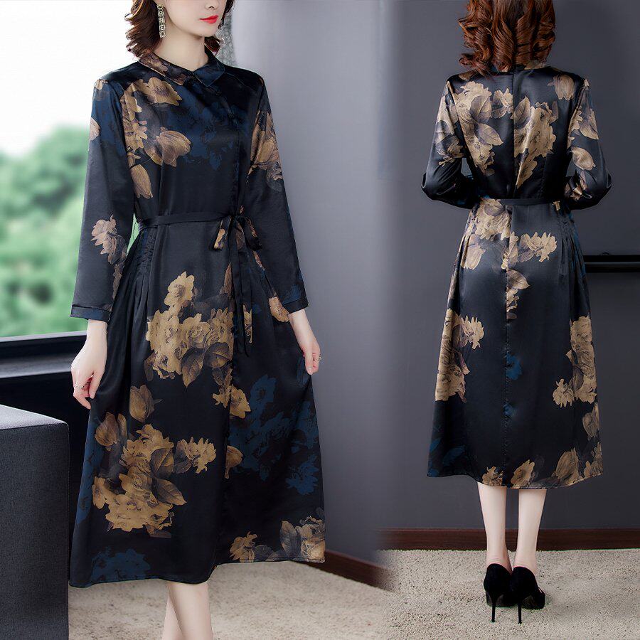 年轻妈妈香云纱真丝桑蚕丝连衣裙女夏装新款收腰气质中长款长裙子