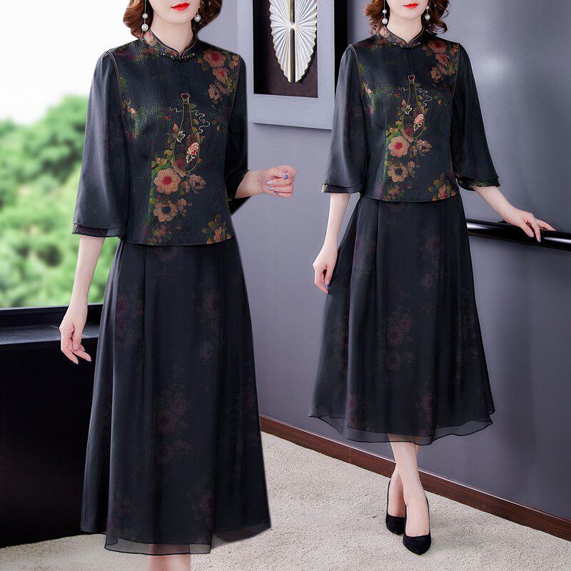 正宗香云纱套装女品牌桑蚕丝中年妈妈夏装上衣两件套杭州真丝高端