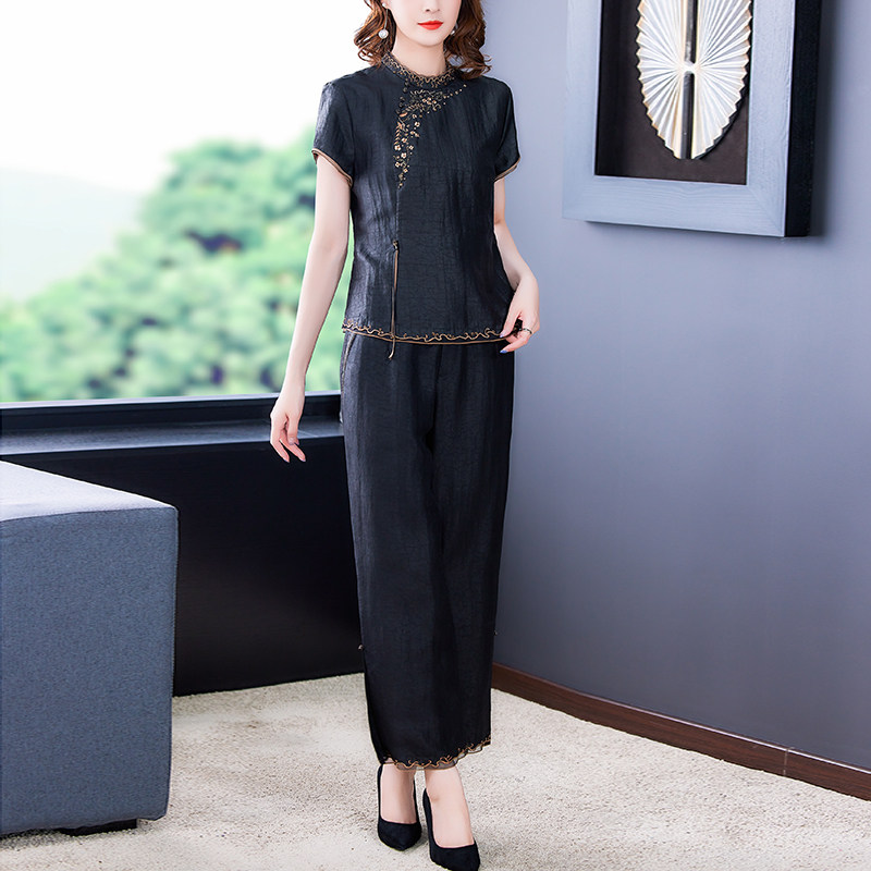 香云纱套装中年妈妈夏装贵夫人桑蚕丝真丝上衣阔腿裤阔太太两件套