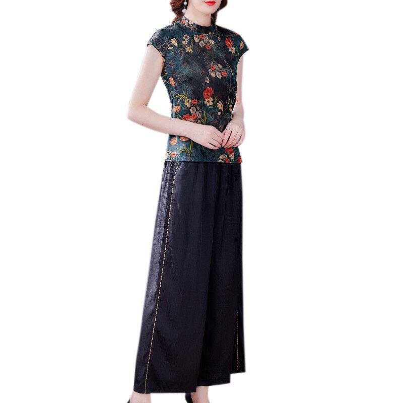 时尚品牌香云纱套装高贵夫人夏天上衣真丝桑蚕丝女装阔腿裤两件套