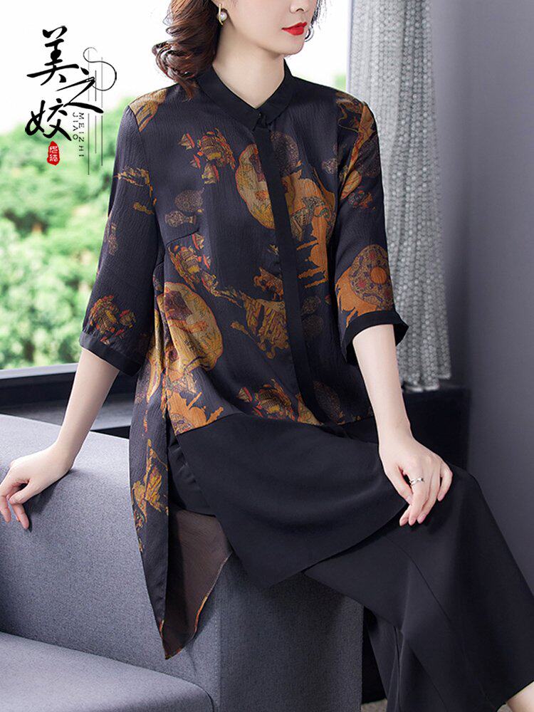 贵夫人重磅真丝香云纱上衣女中长款小衫中老年妈妈洋气桑蚕丝衬衫
