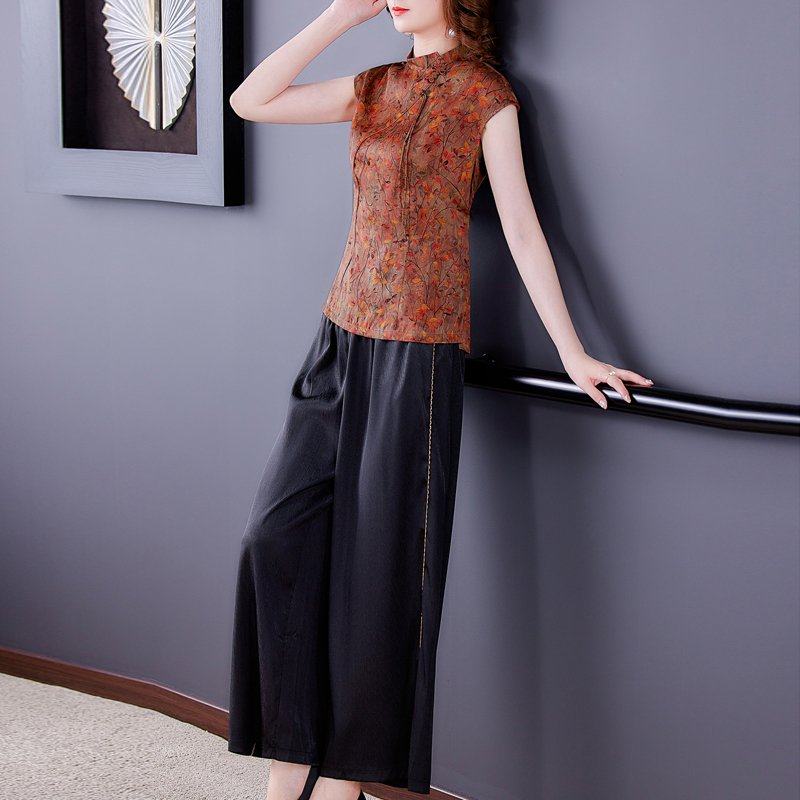 时尚品牌香云纱套装高贵夫人夏天上衣真丝桑蚕丝女装阔腿裤两件套