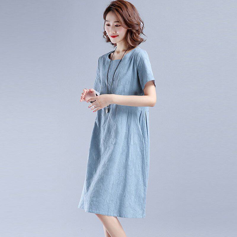 提花棉麻连衣裙女2021年新款夏季时尚纯色遮肚子显瘦亚麻中长裙子
