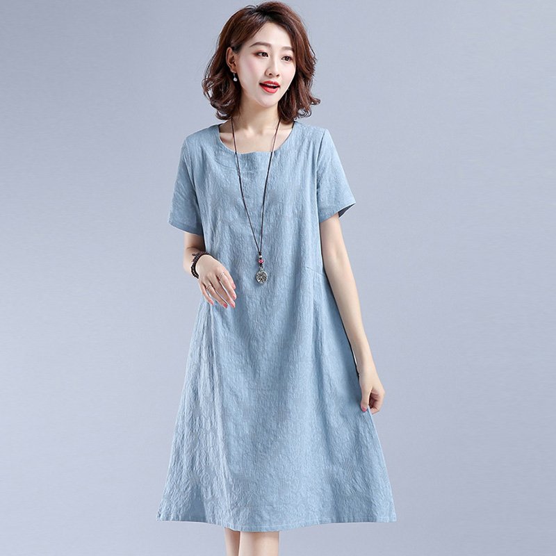 提花棉麻连衣裙女2021年新款夏季时尚纯色遮肚子显瘦亚麻中长裙子