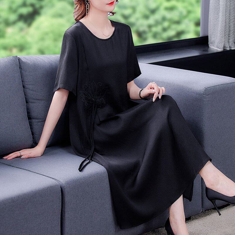 夏季名牌年轻胖妈妈大码夏装女装胖mm真丝桑蚕丝连衣裙子夏天薄款