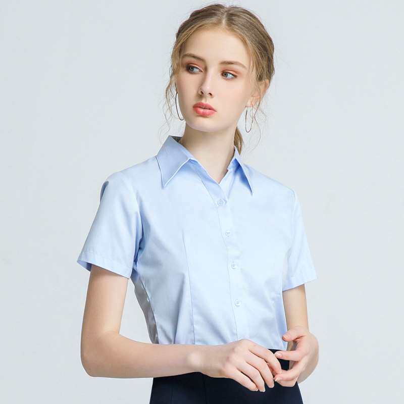 白衬衫女短袖职业装工装夏季薄款气质面试正装衬衣修身v领工作服