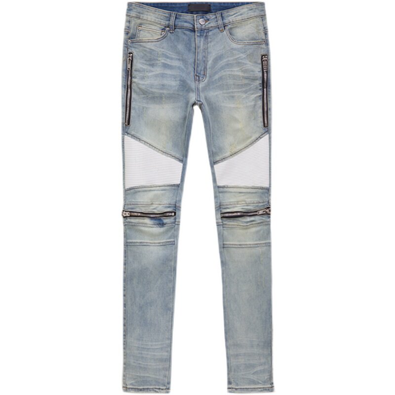 fogamiri黄泥破洞做旧拼皮牛仔裤slp欧美潮牌高街牛仔裤